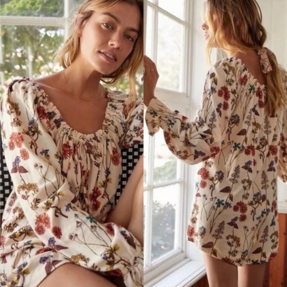 Anthropologie Puff Sleeved Boho Floral Romper Cream Fall Florals M NWT - Picture 2 of 16